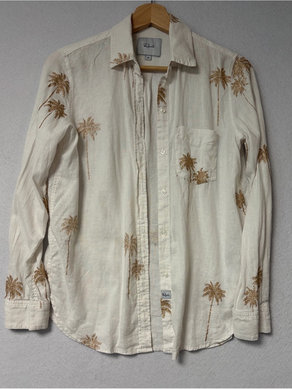 Rails Charli Rose Gold Palm Trees Linen Blend Button Front Shirt Coastal Resort